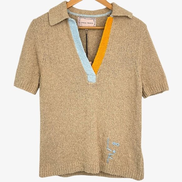 Lingua Franca Sweaters - NWT Lingua Franca Miller Bouclé Knit Polo Shirt Sable Beige Size M Medium